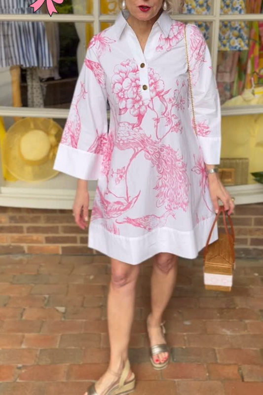 Vibrant Pink Botanical Peacock Midi Dress