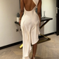 Women's Elegant Mock Neck Sleeveless High Slit White Midi Dress