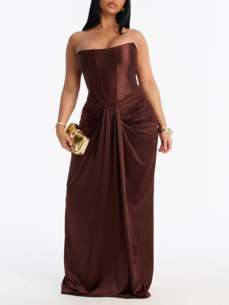 Brown Warm Horizon Satin Maxi Gown