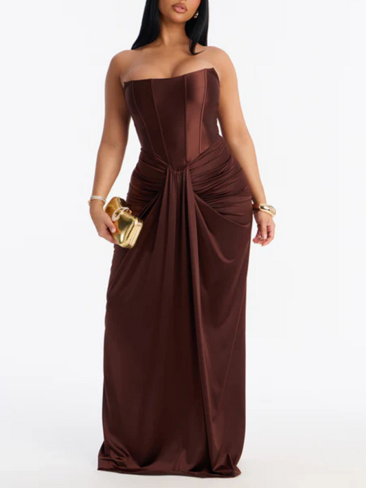Brown Warm Horizon Satin Maxi Gown