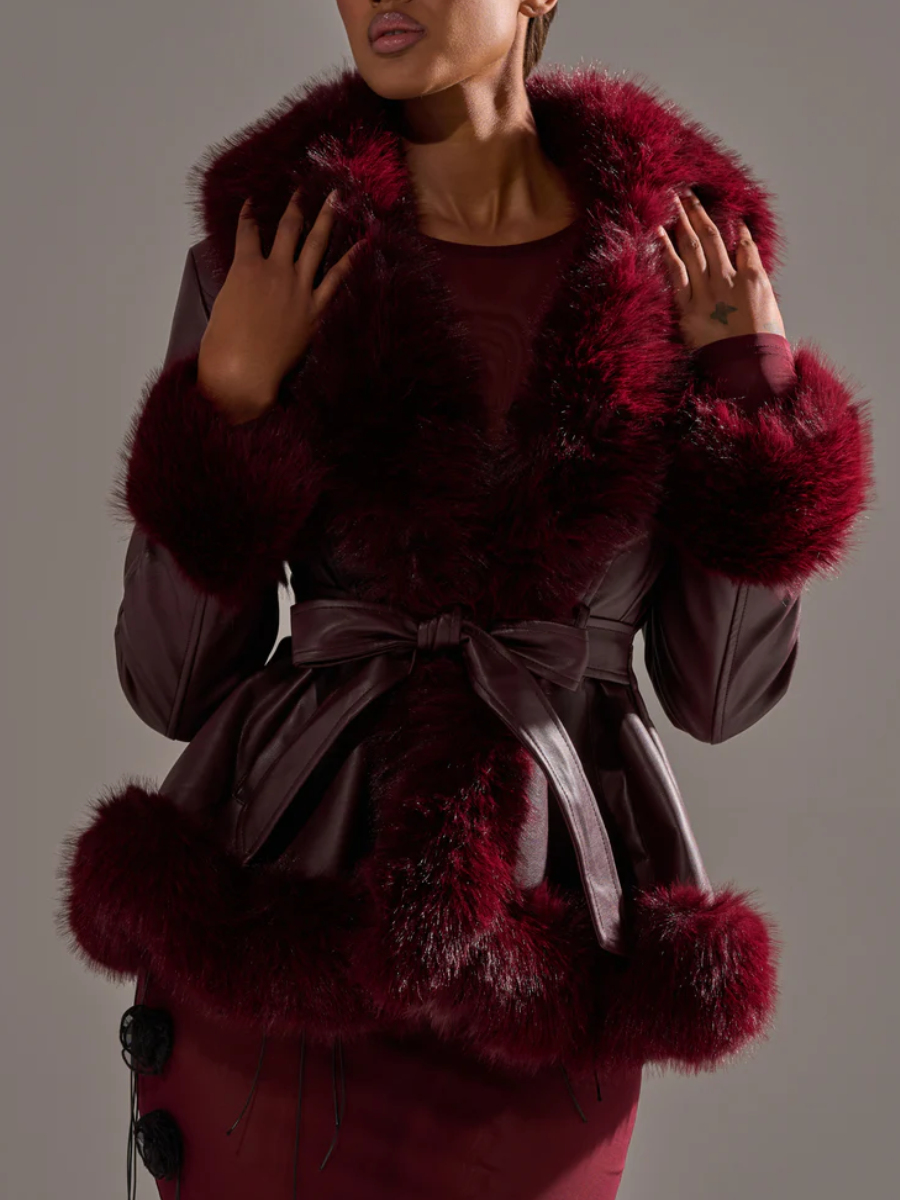 Burgundy Faux Fur Trim Moto Jacket