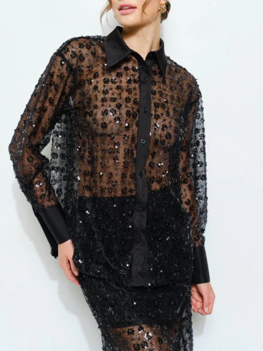 Sequin Sheer Blouse and Midi Skirt Set
