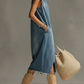 Blue Washed Denim Sleeveless High Neck Frayed Dress