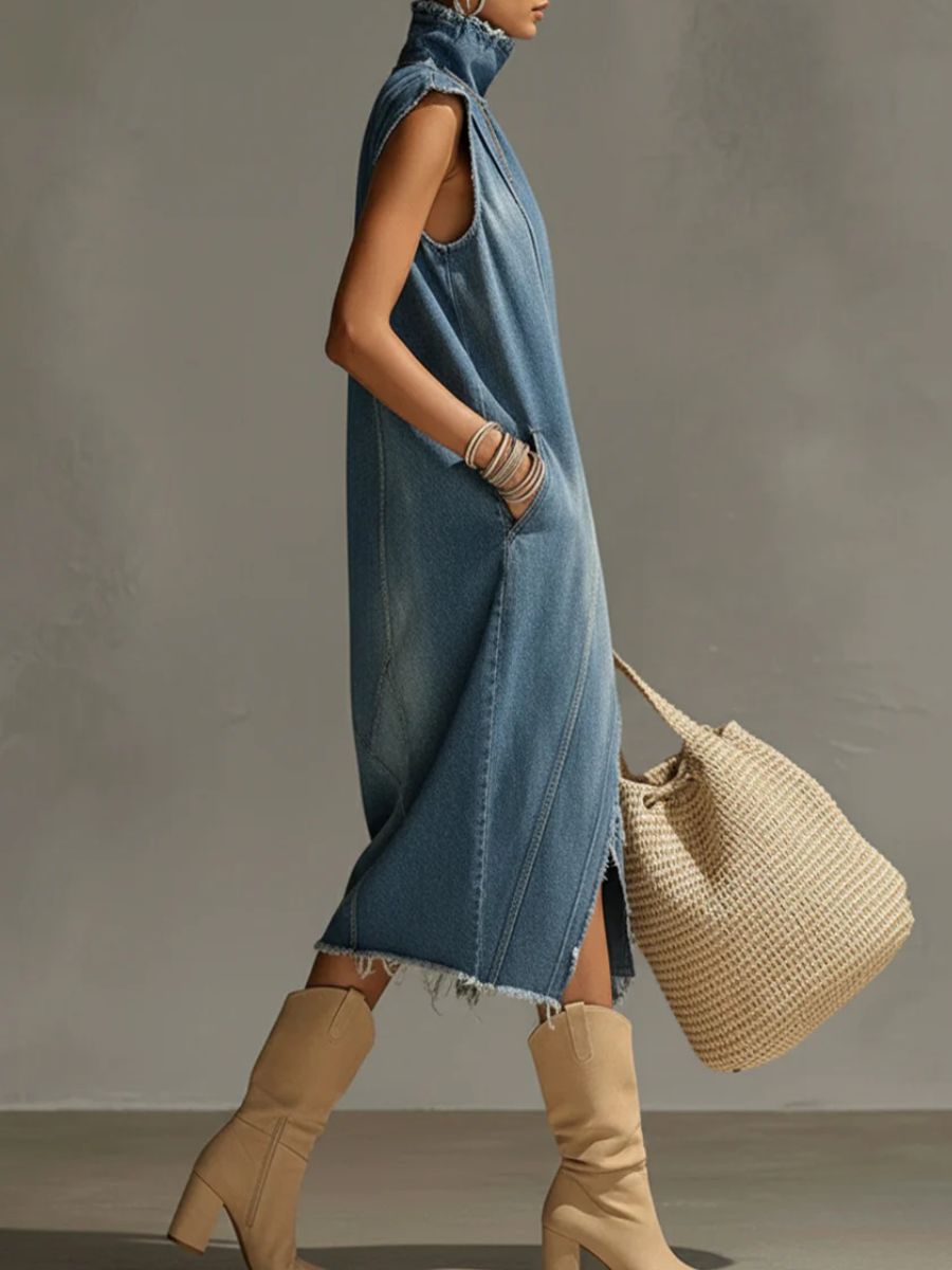 Blue Washed Denim Sleeveless High Neck Frayed Dress