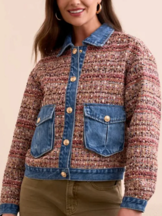 Tweed-Spliced Denim Jacket