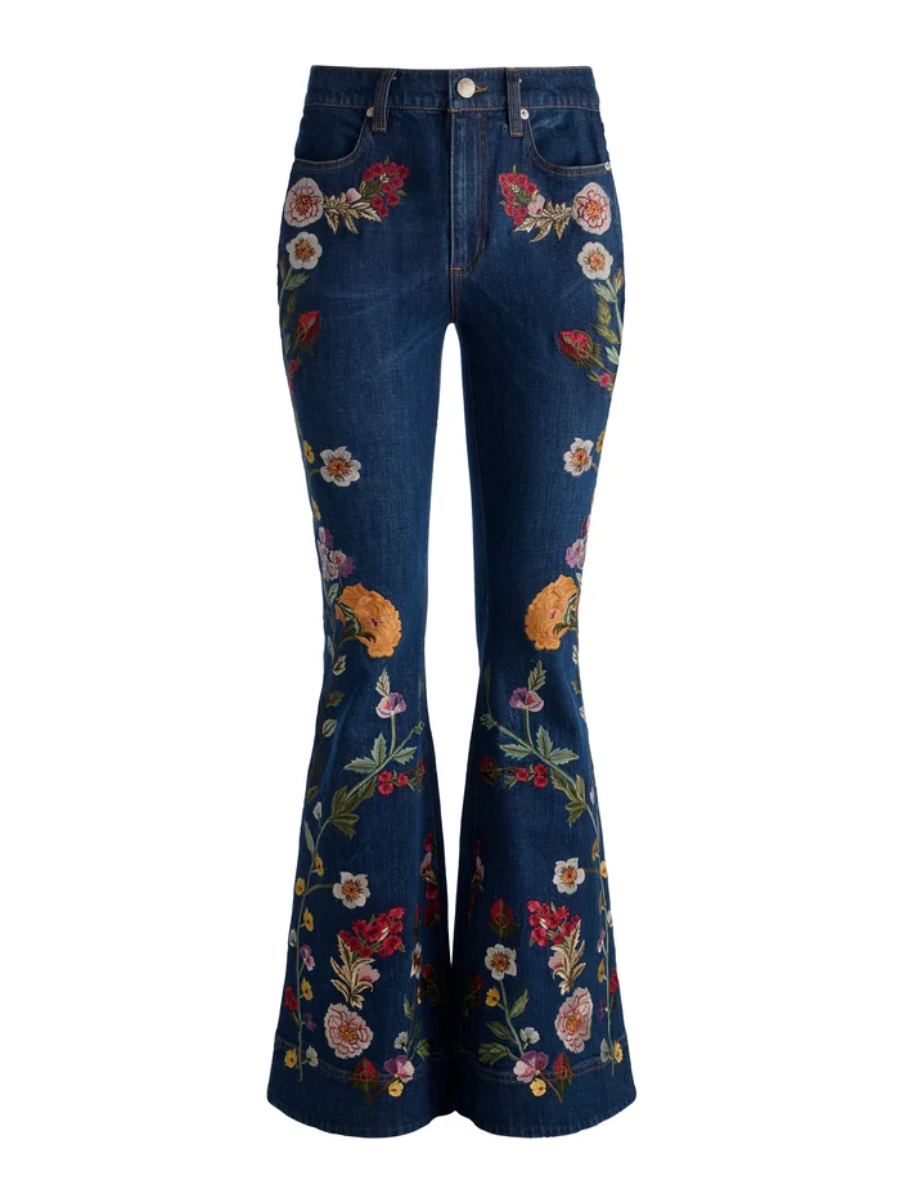 Embroidered Denim Military Jacket and Jeans Set
