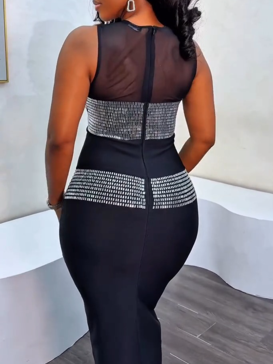 Women's Elegant Mesh Splice Rhinestone Dress