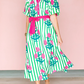 V-Neck Half Sleeve Striped Floral Print Belted Dress
