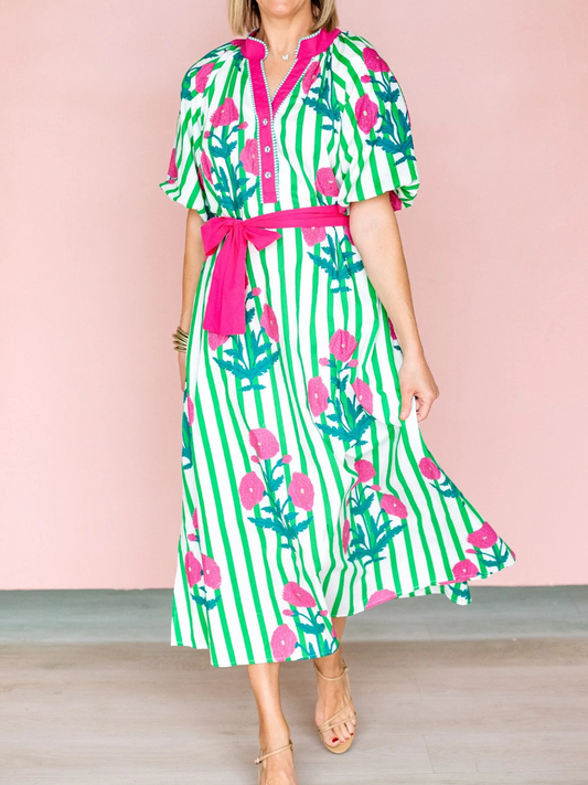 V-Neck Half Sleeve Striped Floral Print Belted Dress