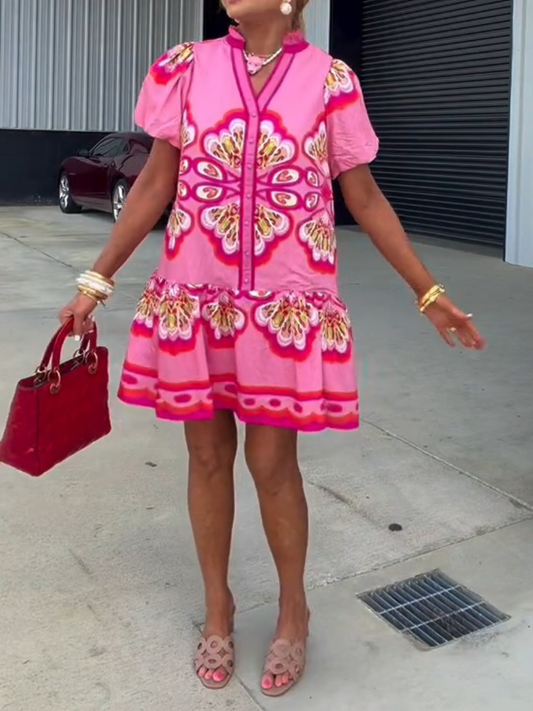 Puff Sleeve V-Neck Hot Pink Retro Floral Print Ruffled Hem Mini Dress