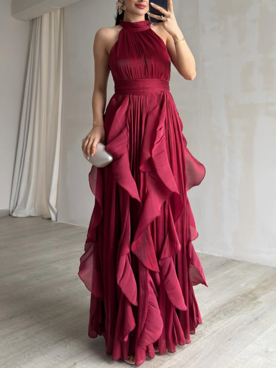 Halter Neck Ruffle Chiffon Maxi Dress