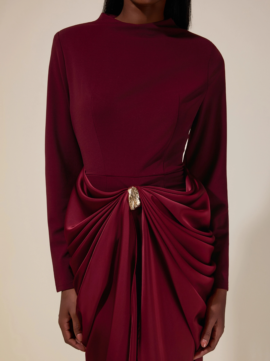 Satin Metal Decorations Long Sleeve Midi Dress