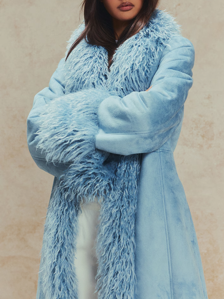 Powder Blue Faux Fur Trim Maxi Coat