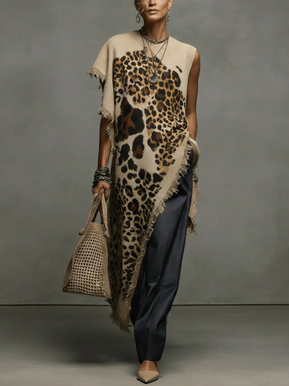 Coffee Leopard Asymmetric Knit Top