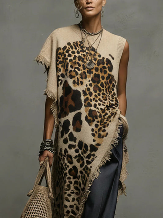 Coffee Leopard Asymmetric Knit Top