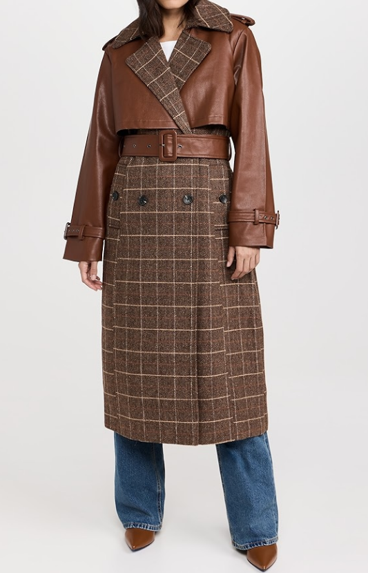 Plaid Patchwork Leather Coat