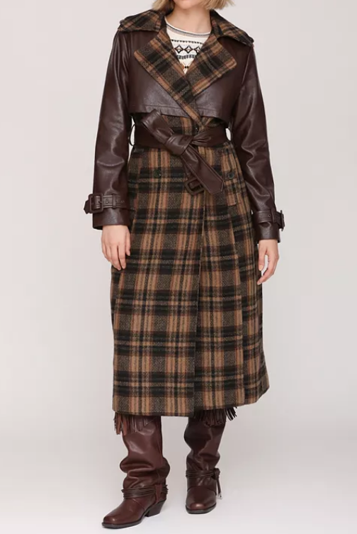 Plaid Patchwork Leather Coat