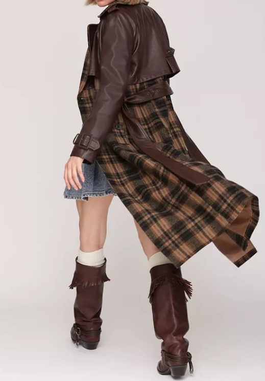 Plaid Patchwork Leather Coat