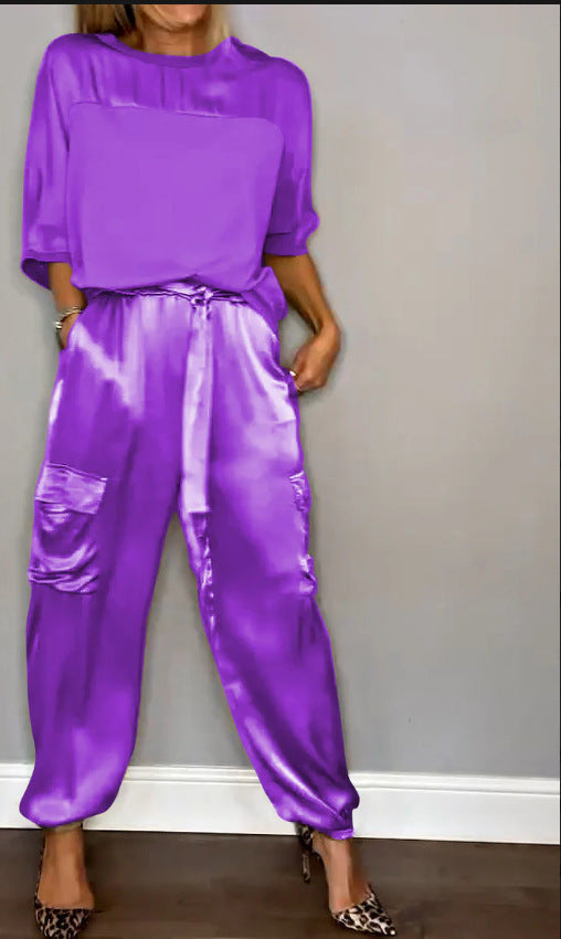 Smooth Satin Half-sleeved Top and Pants Set