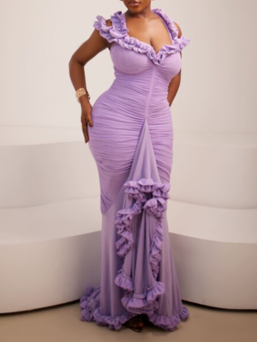 Sunshine Neckline Ruffle Trim Mermaid Dress