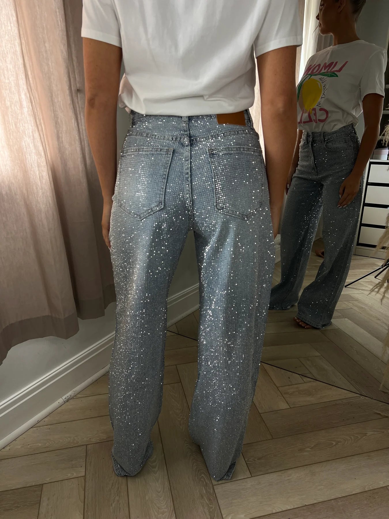 Rainbow Diamond Blue Wide Leg Sparkle Covered Jeans
