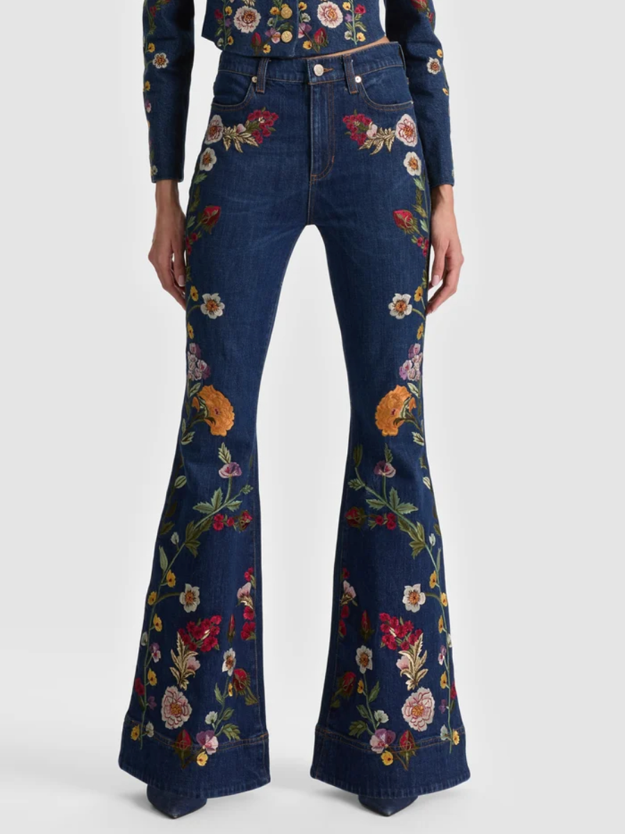 Embroidered Denim Military Jacket and Jeans Set