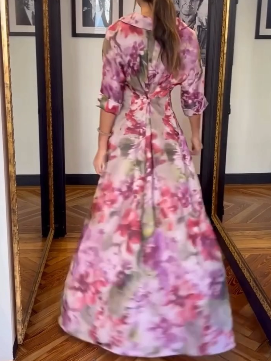 Elegant Watercolor Floral 3/4 Sleeve Maxi Dress