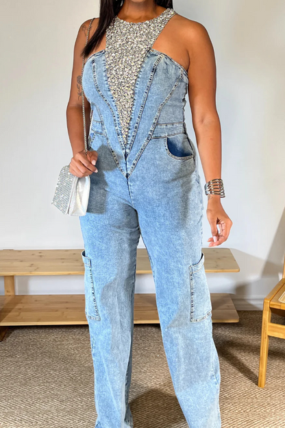 Bedazzled Blue Denim Jumpsuit