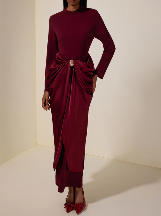 Satin Metal Decorations Long Sleeve Midi Dress