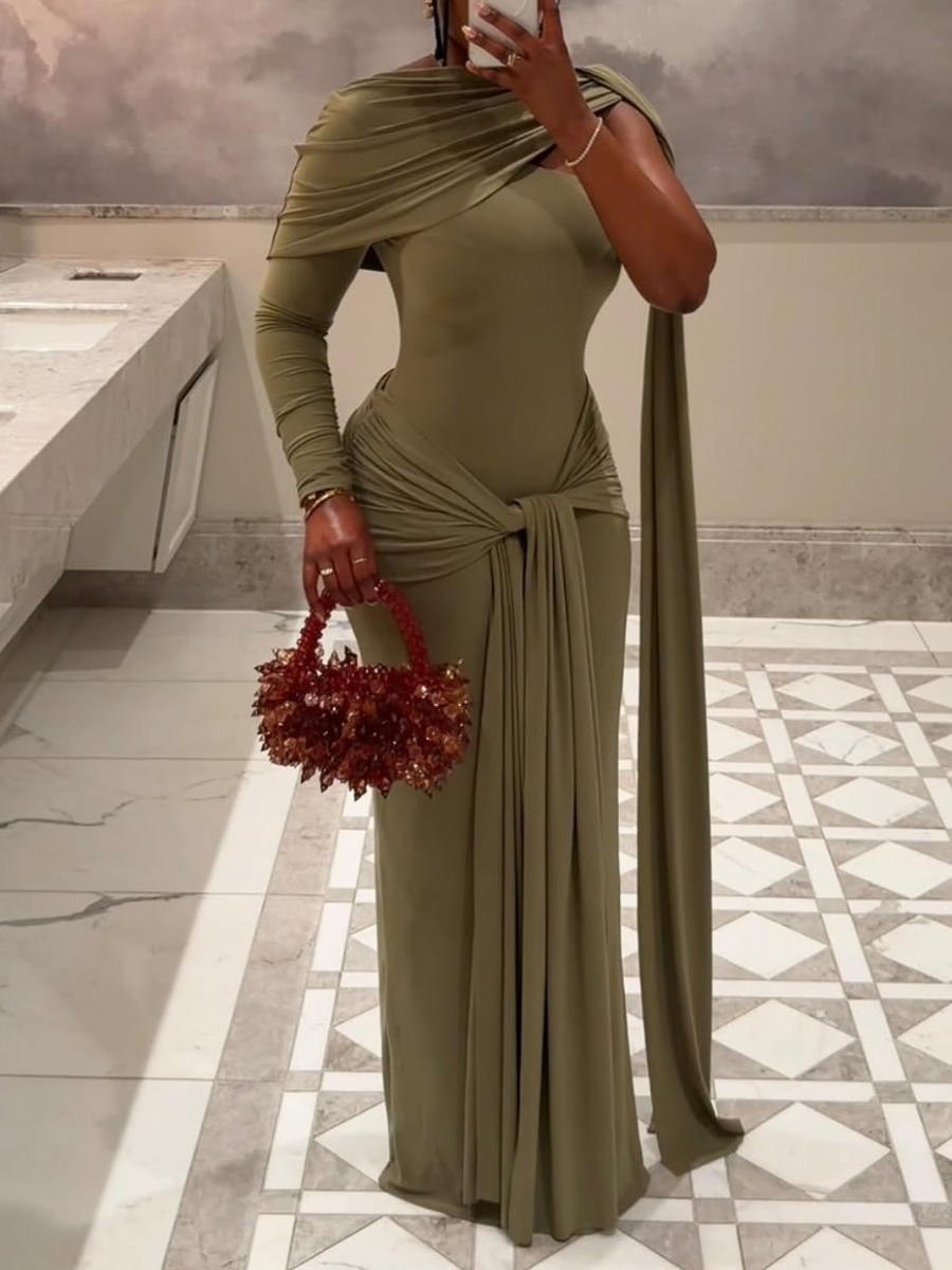 Asymmetric-Neck Maxi Dress With Gathered-Detailing And Sash