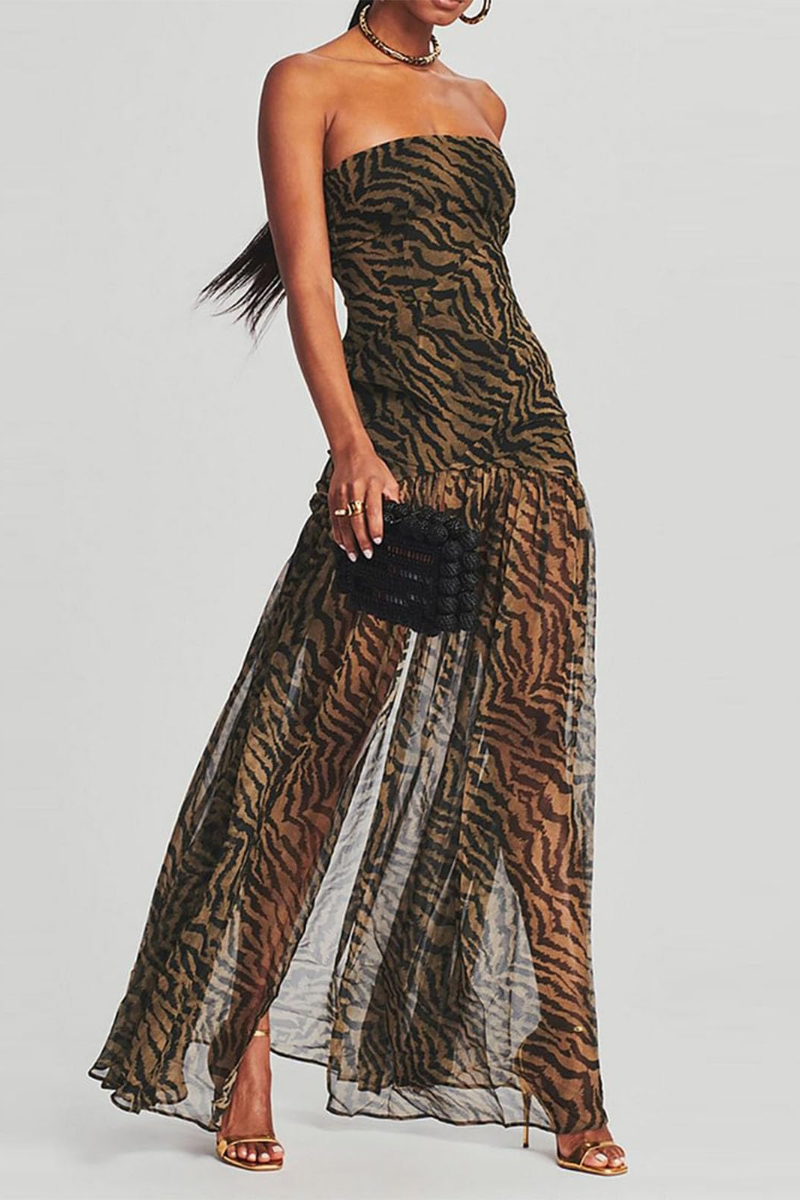 Side Slit Printed Sheer Strapless Dress
