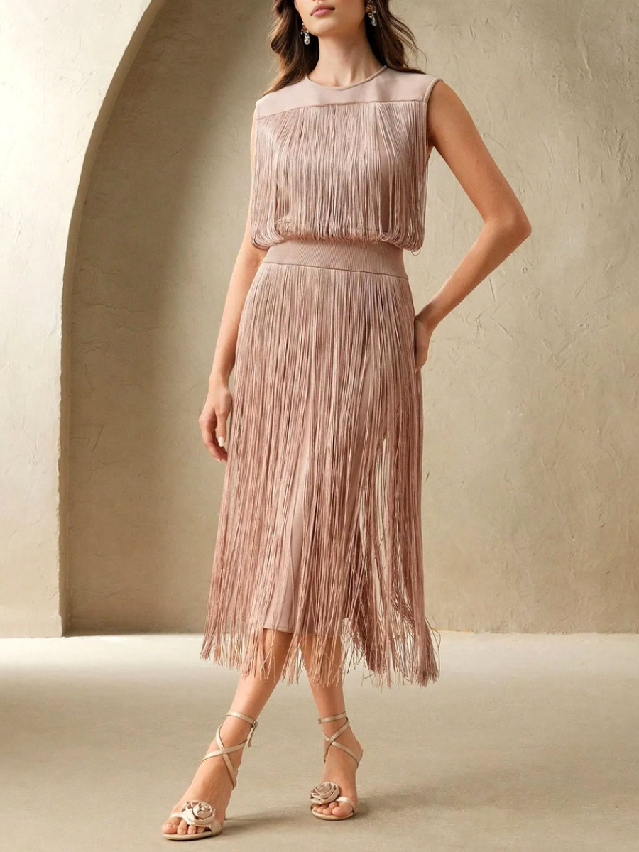 Nude Pink Tassel Midi Dress