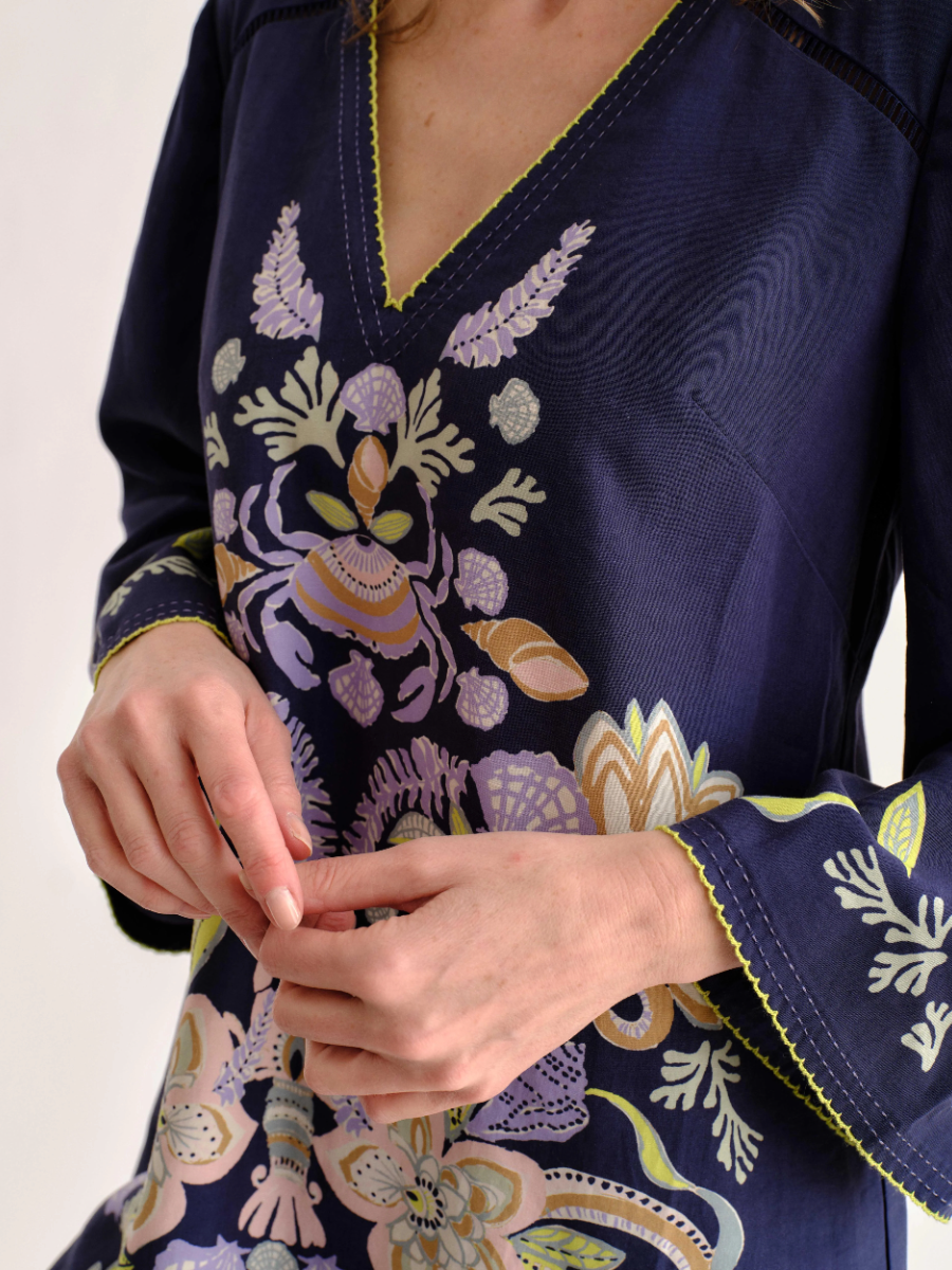 Coastal Floral Embroidered V-Neck Mini Dress with Bell Sleeves