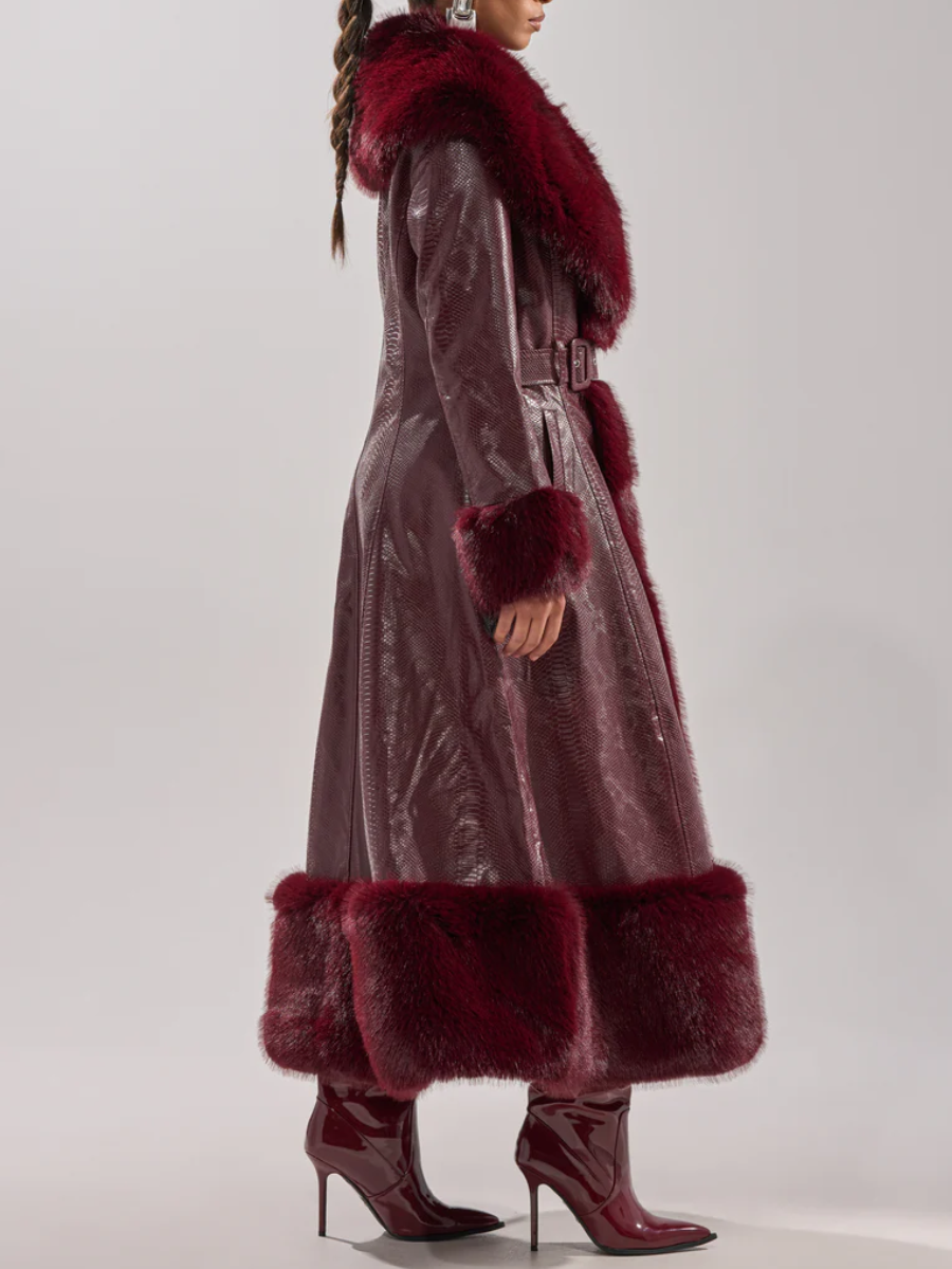 Burgundy Vivian Fur Trimmed Trench Coat