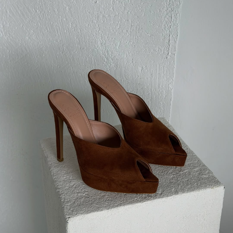 Women's Brown Suede Peep Toe Platform Heels