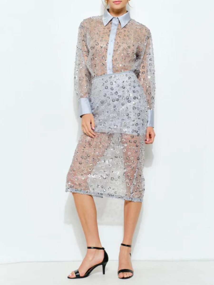 Sequin Sheer Blouse and Midi Skirt Set