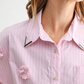 Pink Striped 3D Floral Embroidered Shirt & Midi Skirt Two-Piece Set