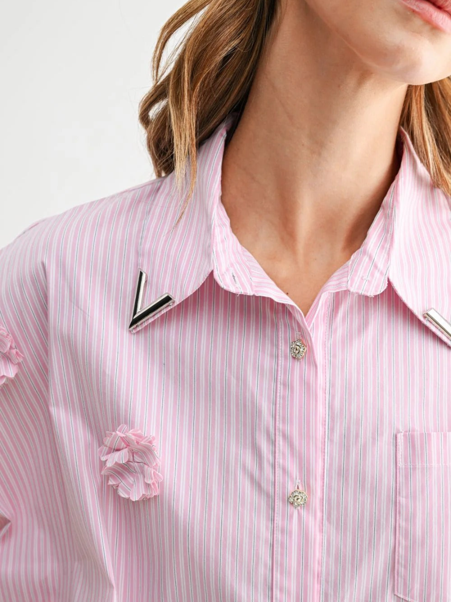 Pink Striped 3D Floral Embroidered Shirt & Midi Skirt Two-Piece Set