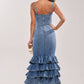 Deep V Neck Tiered Ruffle Mermaid Denim Maxi Dress