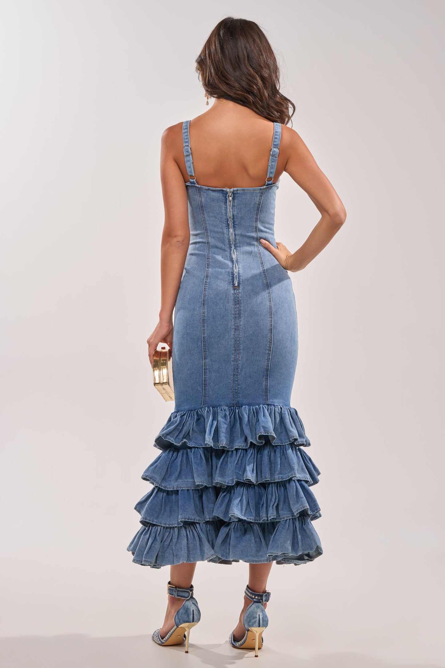 Deep V Neck Tiered Ruffle Mermaid Denim Maxi Dress