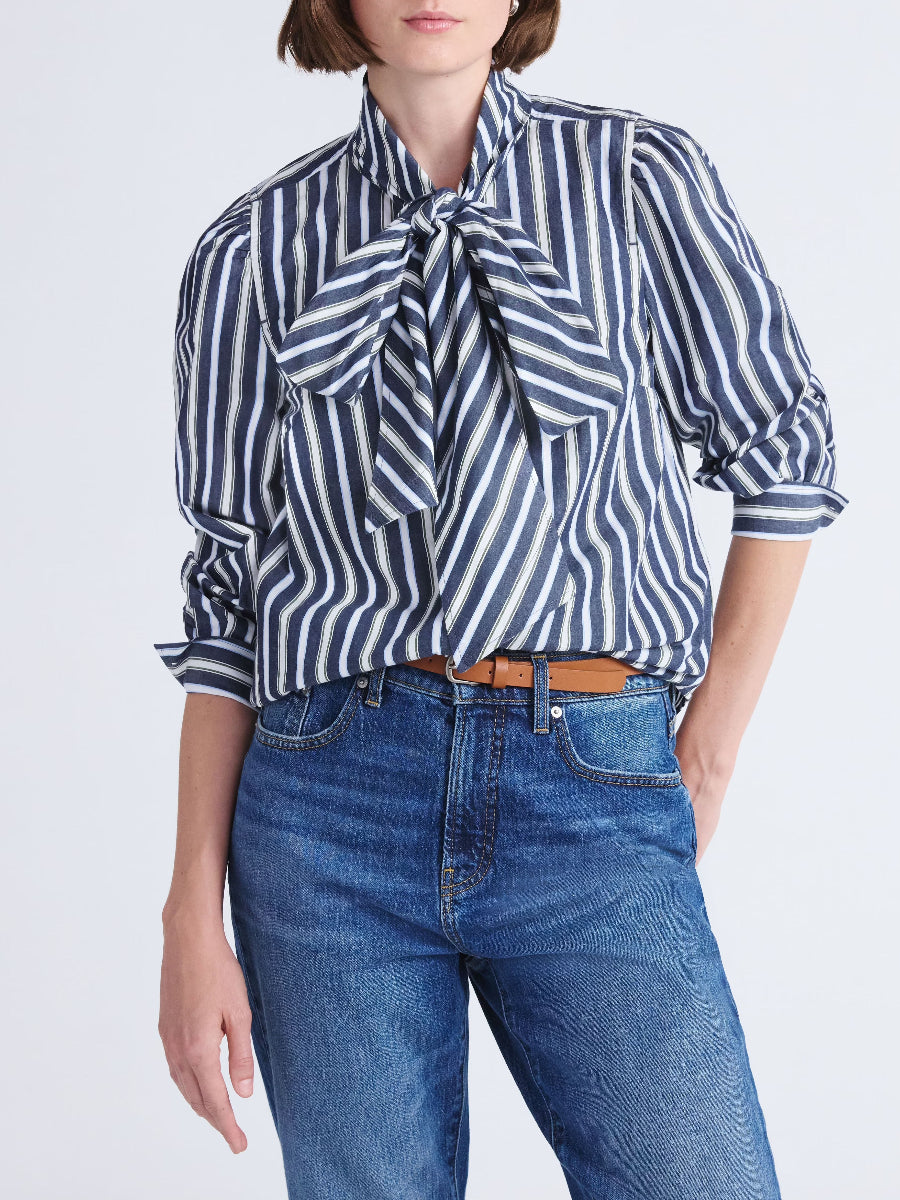 Women's Cotton Puff Sleeves Tie Neck Blouse