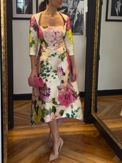 Elegant Square Neck 3/4 Sleeve Floral Print Midi Dress