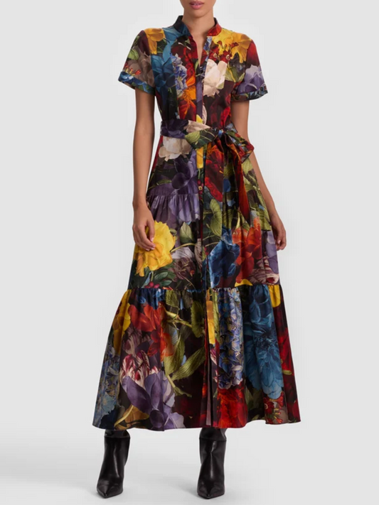 Floral Print Short Sleeve Belted Tiered Dress