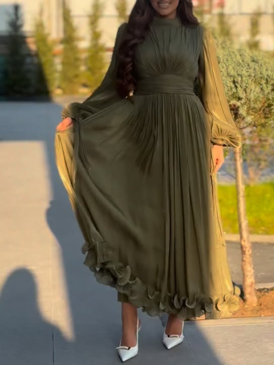 Puff Sleeves Ruched Midi Dress