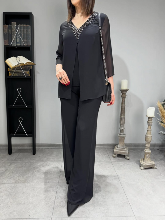Elegant Chiffon Two-Piece Set with Rhinestone Embellishment