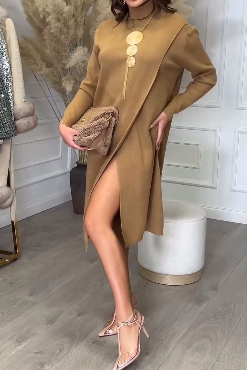 High-neck Slit Knit Dress