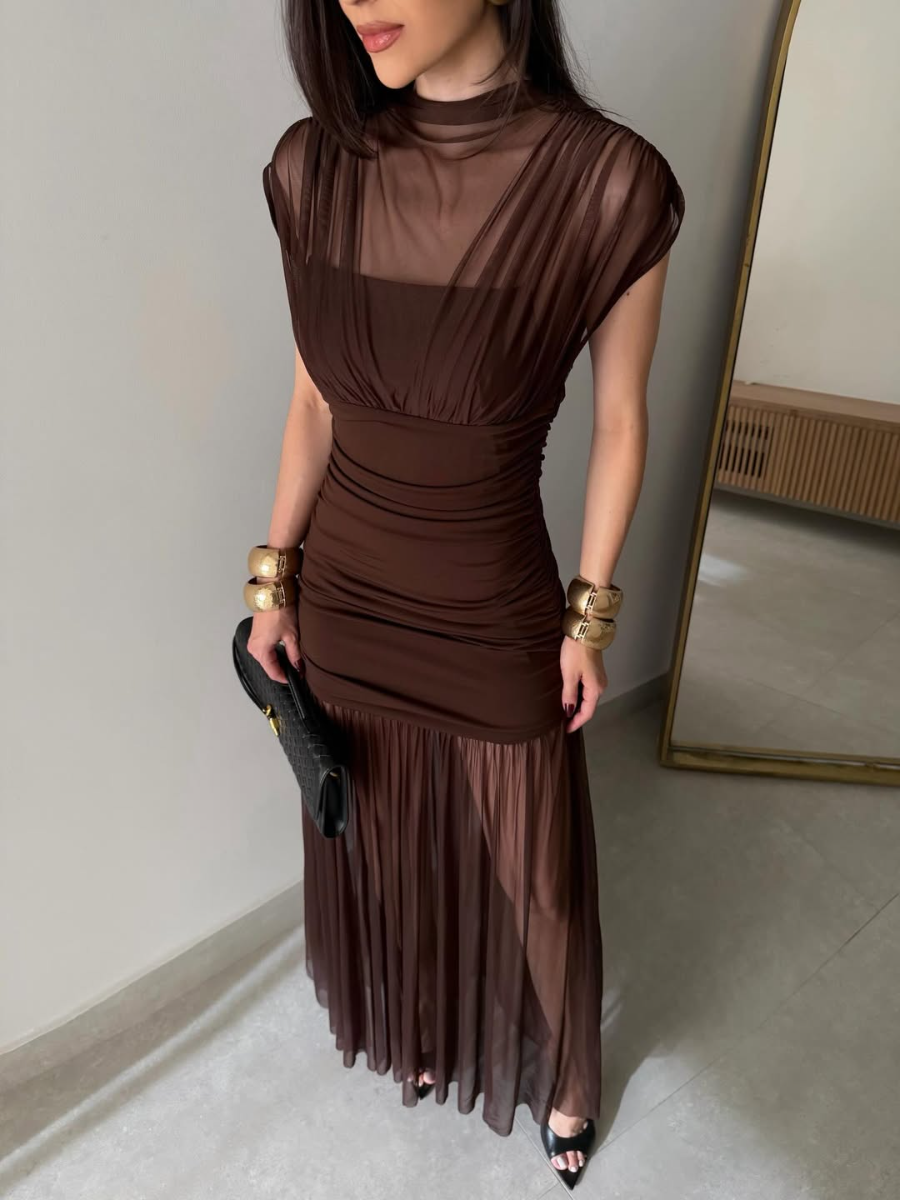 Elegant Sheer Mesh Ruched Dress