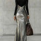 V Neck Metallic Satin Pleated Maxi Dress