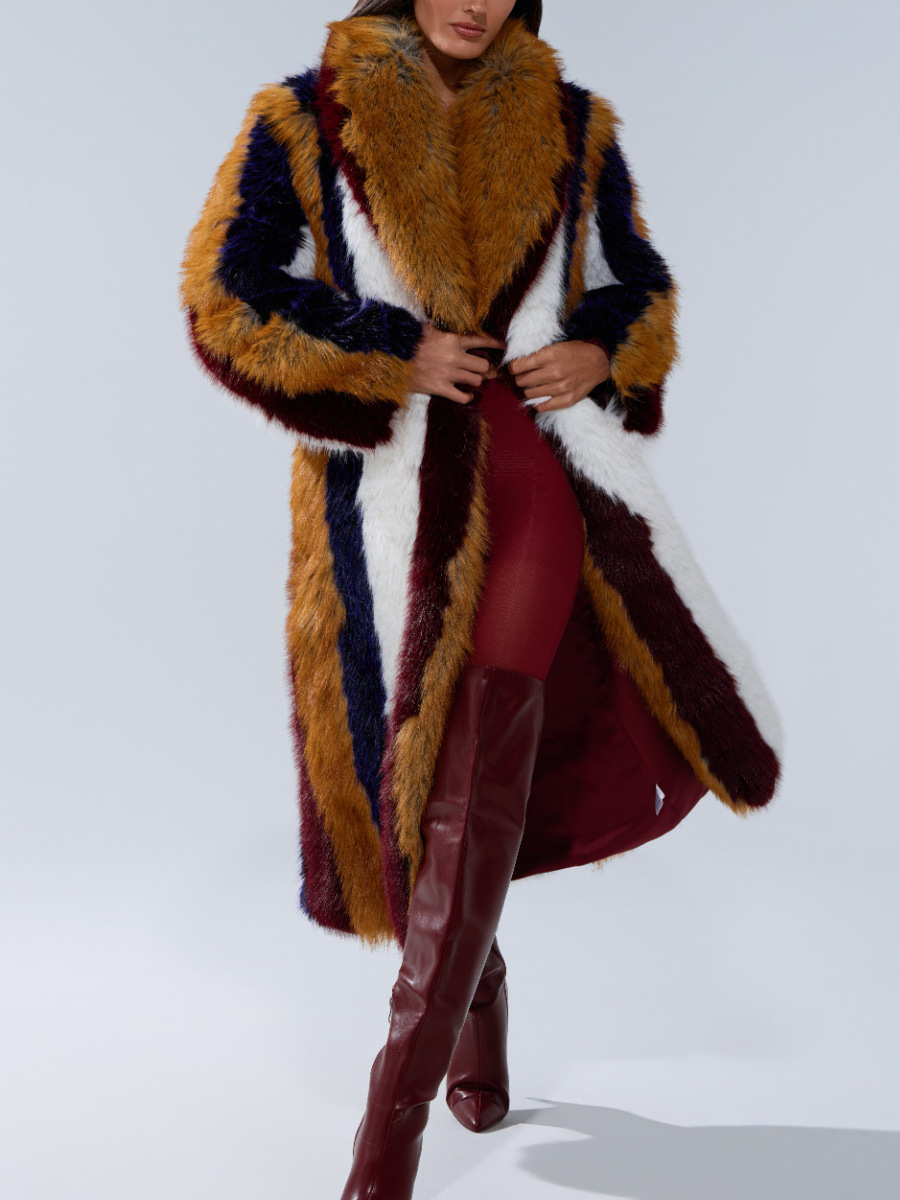Faux Fur Contrast Vertical Stripe Coat