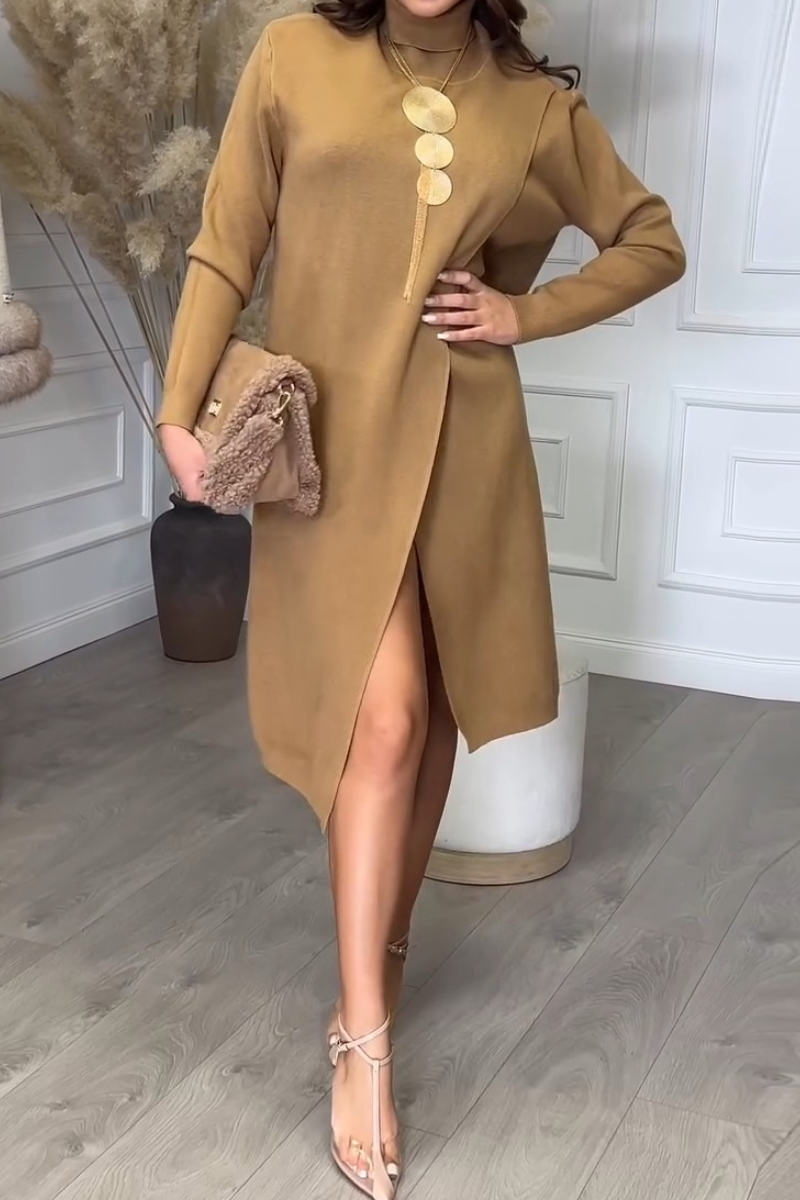 High-neck Slit Knit Dress